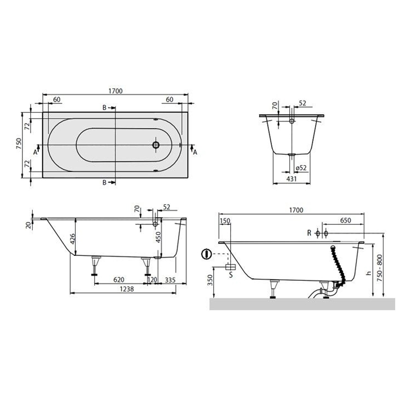 Cada Villeroy & Boch, Oberon, pentru inzidire, dreptunghiulara, 170 x 75 cm, alb alpin