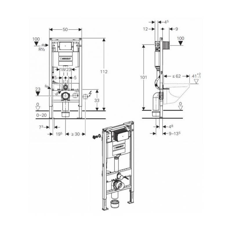 Rama Geberit, Duofix, pentru WC suspendat, 112 cm, cu rezervor incastrat Omega 12 cm