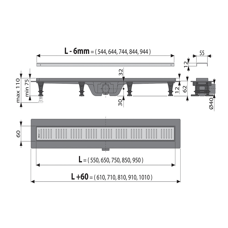 Rigola pentru dus Simple, Alcaplast, 650mm
