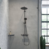 Coloana de dus negru mat, cu baterie termostatata, Hansgrohe, Croma Select S, cu bara si suport dus