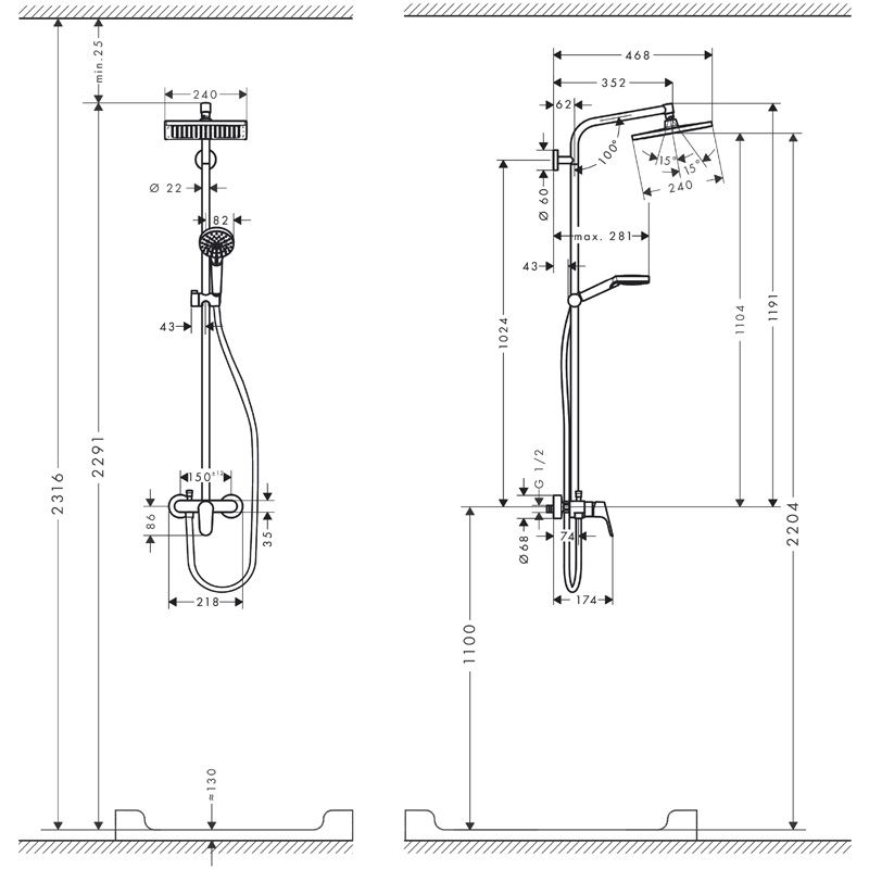 Set de dus Hansgrohe, Crometta E 240, cu palarie, para si baterie de dus, crom