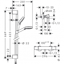 Set de dus cu bara de dus 65 cm, Hansgrohe, Crometta, baterie de dus Ecostat 1001 CL, crom
