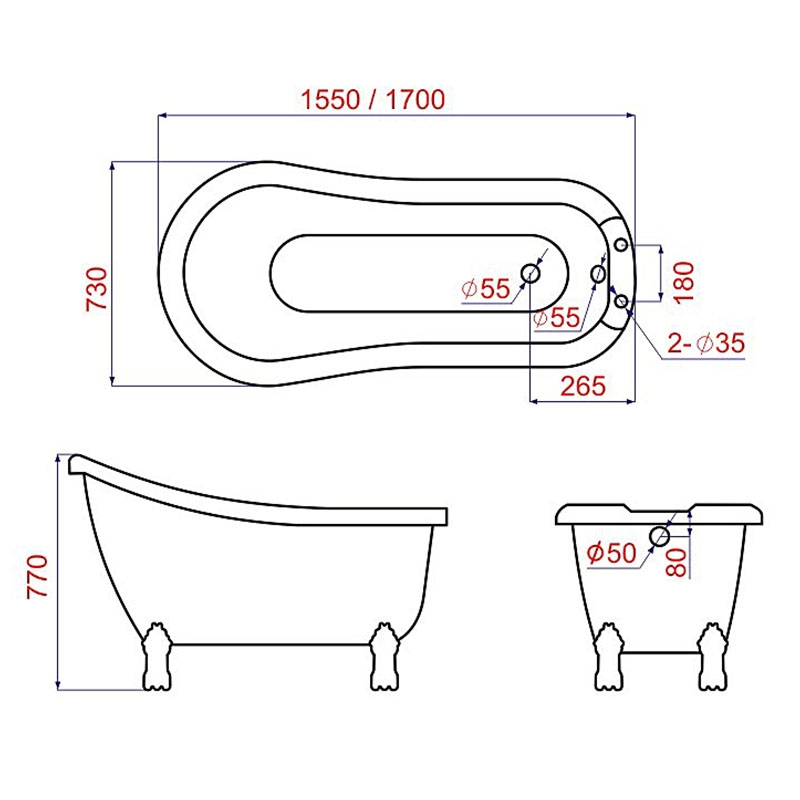 Cada freestanding Florida, Venus 170, cu instalatie completa, ovale, retro, alb