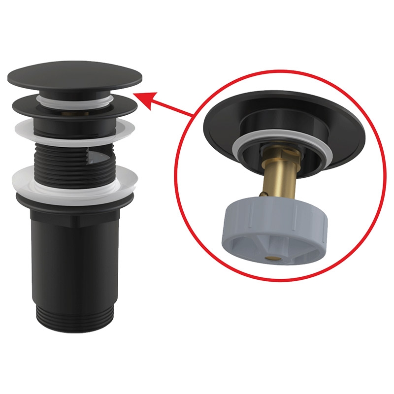Ventil pentru lavoar cu preaplin, AlcaPlast, cu click-clack si dop mare, negru-mat