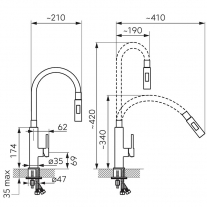Baterie de bucatarie, Ferro, Zumba Slim 2F, cu pipa flexibila, galben