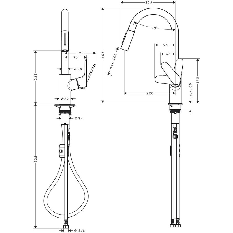Baterie de bucatarie, Hansgrohe, Focus M41 240, monocomanda cu pipa extractibila, crom