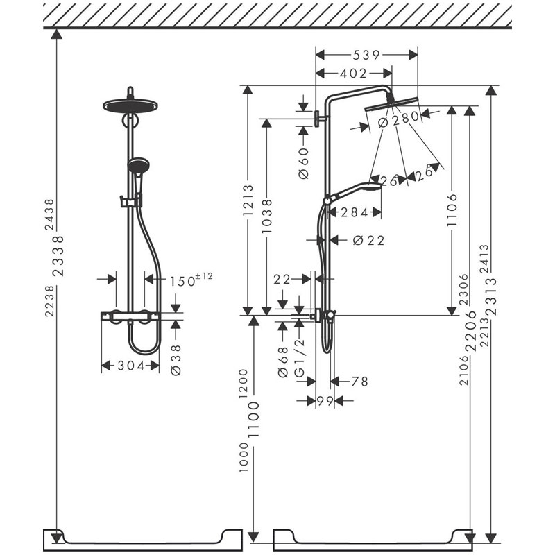 Coloana de dus cu baterie termostatata, Hansgrohe, Croma Select S, cu bara si suport dus, alb mat
