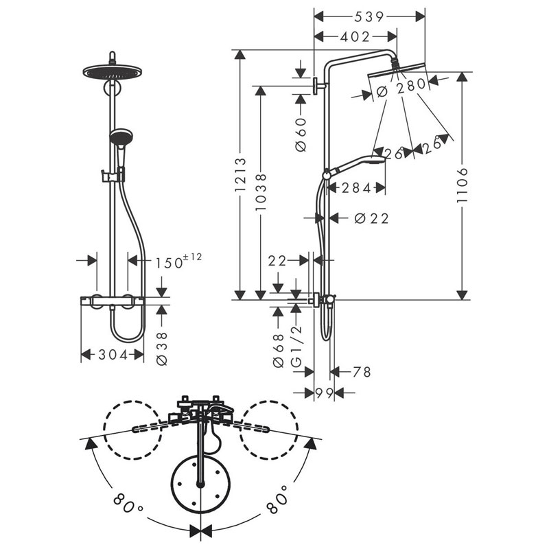 Coloana de dus cu baterie termostatata, Hansgrohe, Croma Select S, cu bara si suport dus, alb mat