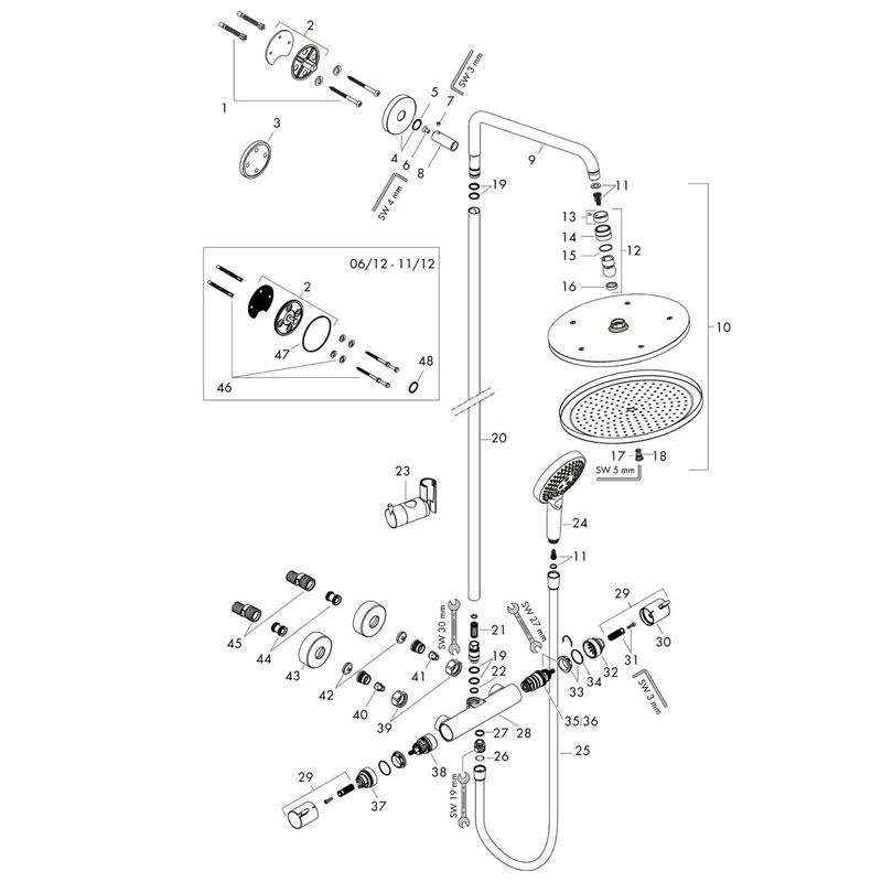 Coloana de dus cu baterie termostatata, Hansgrohe, Croma Select S, cu bara si suport dus, alb mat