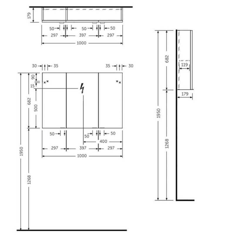 Dulap suspendat cu oglinda, Rak, Joy, cu 3 usi, 100 cm