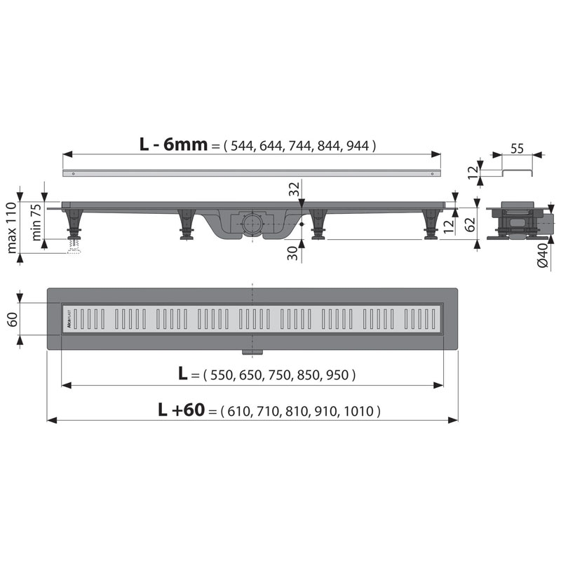 Set rigola de dus, Alcadrain, Simple, cu capac, 95 cm, inox