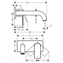 Baterie lavoar Hansgrohe, Vernis Shape, pipa 205 mm, montaj pe perete, negru mat