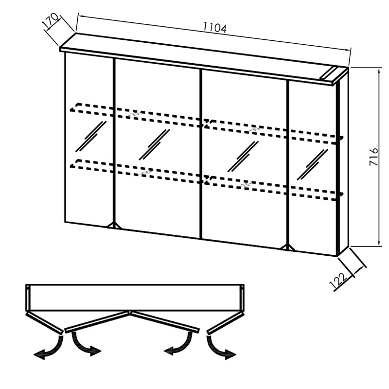 Dulap cu oglinda, Kolpasan, Tara, cu 4 usi, iluminare LED, 110 cm, alb mat