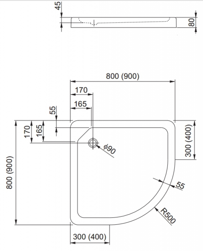 Cadita de dus semirotunda, slim, 90 x 90 cm, Standard